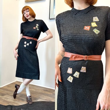Vintage 1940s Dress / 40s Ribbon Knit Zodiac Two Piece Set / Black ( S M ) 