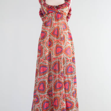 Fantastic 1970's Jean Varon Psychedelic Ditsy Floral Maxi Dress / Small