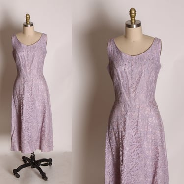 1950s Light Purple Lace Sleeveless Full Length Flared Skirt Rhinestone Detail Dress by A Norman Original -M 