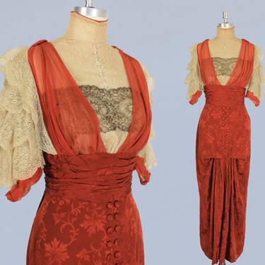 1910s Dress / Edwardian Titanic Era Gown / Lamé Bandeau / Silk and Lace Suspender Draped Column Gown 
