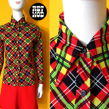 Fabulous Vintage 60s 70s Red Green Yellow Plaid Dagger Collared Button Down Shirt 