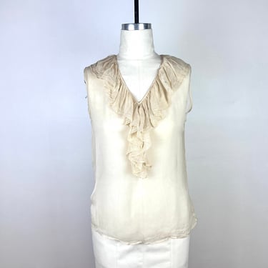 Vintage 1920s Silk Sheer Blouse / Vintage 20s Cream White Blouse Ruffle Collar / Sleeveless Hippie Boho Top XS Small Pin Up Pinup VLV 