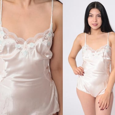 80s Pale Pink Teddy Lingerie Satin Beaded Floral Lace Teddie Romper One Piece Romper Romantic Vintage Sexy Spaghetti Strap Small Medium 