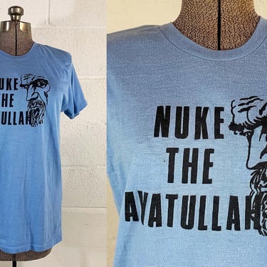 Vintage Nuke the Ayatullah T-Shirt Blue Political 50/50 Made in USA Single Stitch Tee Large 1970s 