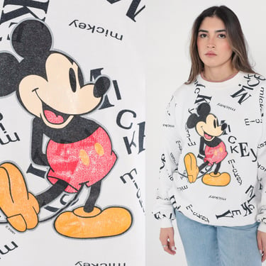 90s Mickey Mouse Sweatshirt Disney Sweater Disneyland Kawaii Shirt Retro All Over Print Cartoon Pullover Crewneck White Vintage 1990s Large 