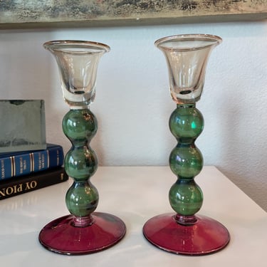 Krosno Poland Candlestick Iridescent Hand-Blown Glass Set of 2 | 2 Polish Candle Holders with Ball Stem 