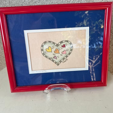 Vintage 1996 silk fabric art theme heart Fly Away framed signed Jane Murray Lewis 
