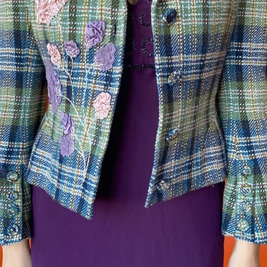 Y2K John Galliano Green/Blue Plaid Tweed Jacket, sz. S