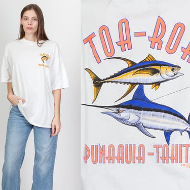90s Tahiti Fish Graphic Tourist Tee - Men's XL | Vintage Toa-Roa Punaauia White Travel T Shirt 