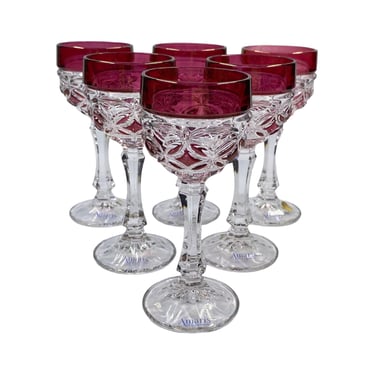 Set of Six Amaris Cranberry Lead Crystal Cordial Glasses 