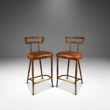 Set of Two (2) Mid Century Modern Substantial Campaign Bar Height Bar Stools by Maitland-Smith, c. 1980s 