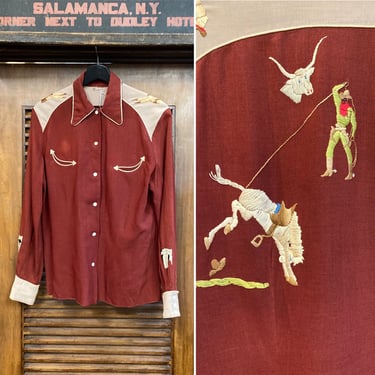 Vintage 1950’s Cowboy Western Rodeo Rayon Rockabilly Shirt, 50’s Rockabilly Shirt, 50’s Embroidery, 50’s Western Wear, Vintage Clothing 