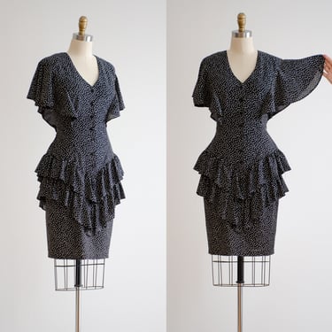 black polka dot dress 80s vintage black white ruffled peplum flutter sleeve short party mini dress 
