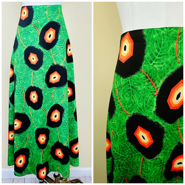 1970s Vintage Neon Geen Leaf Print Skirt / 70s High Waisted Orange and Abstract Maxi Skirt / Size Small 
