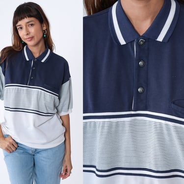 Striped Polo Shirt 90s Collared T-Shirt White Navy Blue Color Block Short Sleeve Top Banded Hem Preppy Chest Pocket Vintage 1990s XL 