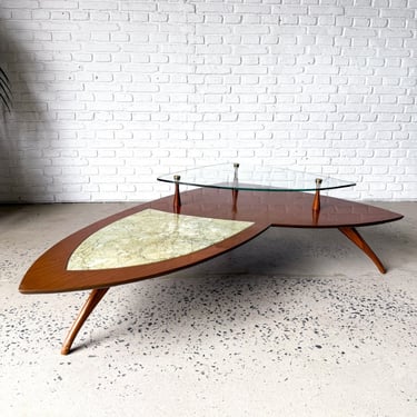 Mid-century modern “Boomerang” shaped 2-tier coffee table, walnut and glass, circa 1960s