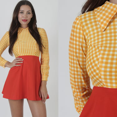 Sexy 60s Wide Collar Go Go Micro Mini Dress, Vintage 60 70s Gingham Print Disco Frock, Short Bodycon Picnic Outfit 