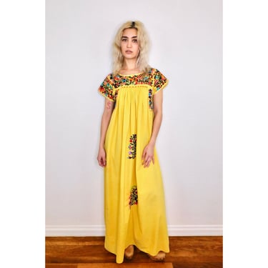 Oaxacan Dress // vintage sun Mexican hand embroidered maxi yellow floral 70s boho hippie cotton hippy rainbow // S/M 
