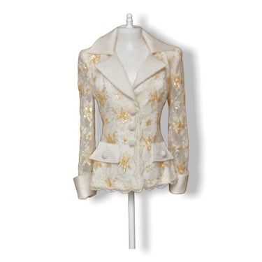 Vintage Cream Lace Sequins Blazer with French Cuffs M 