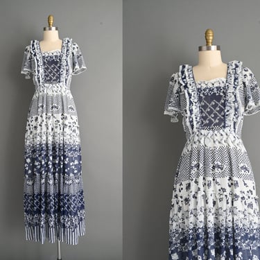 vintage 1970s cotton gauze floral print dress | Small 