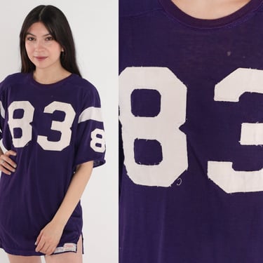 83 Football Jersey Shirt 70s Numbered Eighty Three T-shirt Purple Athletic Tee Distressed Short Sleeve Sports Vintage 1970s Spalding Medium 