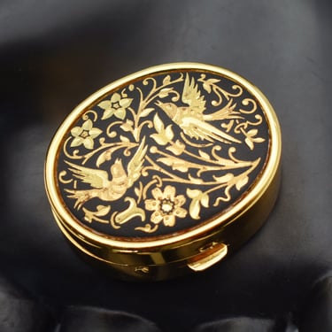 80's oval Damascene birds & flowers pill box, gold inlaid steel on gold plate plastic lined trinket box 