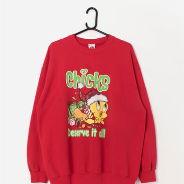 Vintage Tweetie Pie Looney Tunes Christmas sweatshirt - red holiday sweater, Y2K retro jumper, Women's ugly sweater - XL 