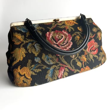 1960s Black Floral Tapestry Handbag