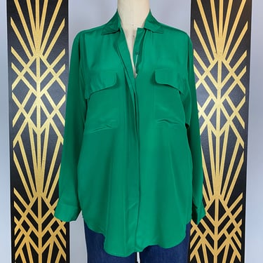 1980s blouse, green silk shirt, vintage 80s blouse, menswear style, office, minimalist, deadstock, button front, large, breast pockets, cuff 