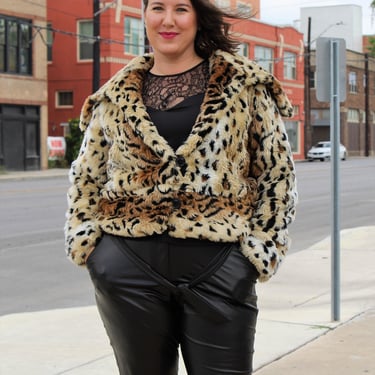 Vintage Selene Sport Faux Fur Jacket, Black Tan Leopard Print, Large Women 