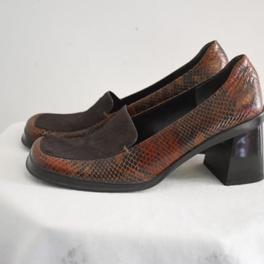 1990s Enzo Angiolini Faux Snakeskin Chunky Heeled Loafers, Size 7.5 M 