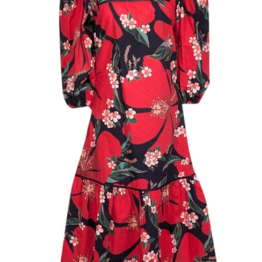 Farm - Red, Navy & Green Floral Print Cotton Midi Dress Sz S