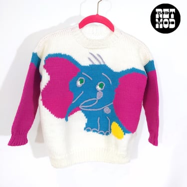 Adorable Vintage Pink Blue Elephant Kids Novelty Sweater 