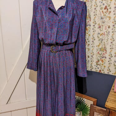 Vintage Folk Psychadelic Style Leslie Fay Midi Dress with Matching Ornate Belt 