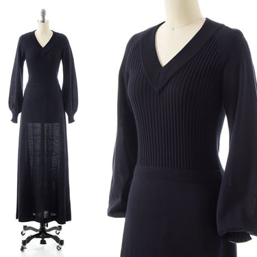 Vintage 1970s Sweater Dress | 70s Midnight Blue Black Knit Acrylic Wool Bishop Sleeve Full Length Maxi Dress (x-small/small/medium) 