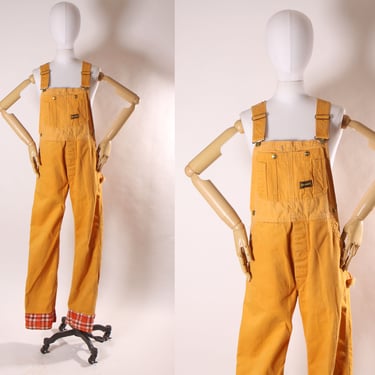 Late 1960s Early 1970s Golden Yellow Full Length Plaid Cuffed Pants Overalls by Big Smith -M 