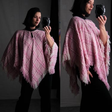 Vintage Boyne Valley Weavers Pink Plaid Alpaca Wool Fringed Poncho | Handmade in Ireland | ONE SIZE | 1980s Designer Handcrafted Poncho Cape 