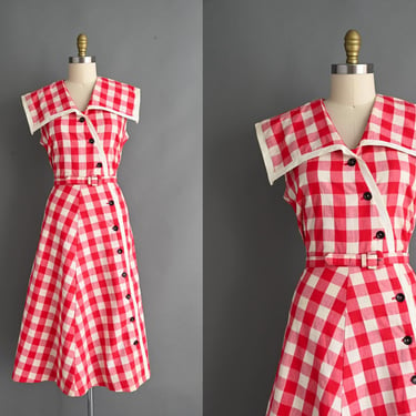 vintage 1950s Dress | Bold Red Gingham Print Cotton Shirtwaist Day Dress | XL 