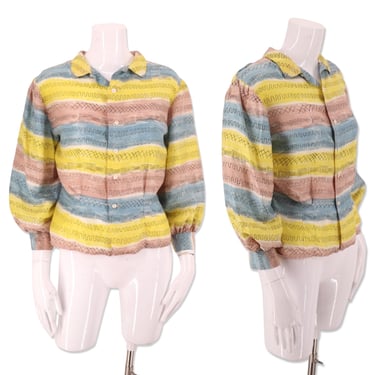 50s MCM abstract art print silk blouse m-L  / vintage 1940s 50s mid century balloon sleeve top 