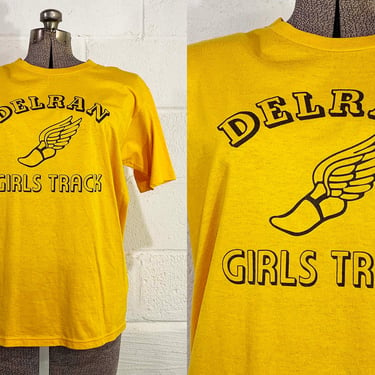 Vintage Yellow T-Shirt Jerzees Delran Girls Track Single Stitch Short Sleeve Tee Hipster Shirt New Jersey Unisex 1980s 80s Large 