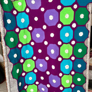 Groovy Flower Power Blanket Throw, Chunky Knit, Neon Purple Green White, Vintage 70s 