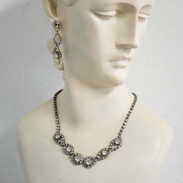 1980s Clear Rhinestone Necklace and Pierced Drop Earrings Set 