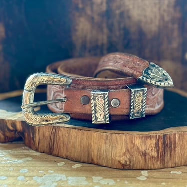VINTAGE MEXICAN Leather Belt and Silver Buckle & Keepers | Brown Belt | Double Silver Keepers | Southwestern | Size Large-XL 