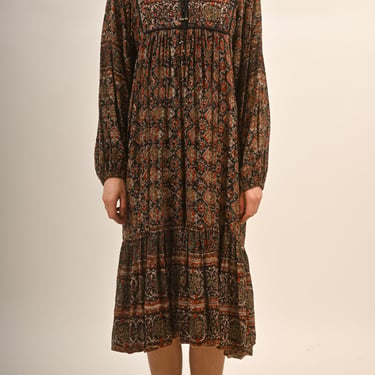 1970s Indian Cotton Bohemian Tent Dress with Gold Paint