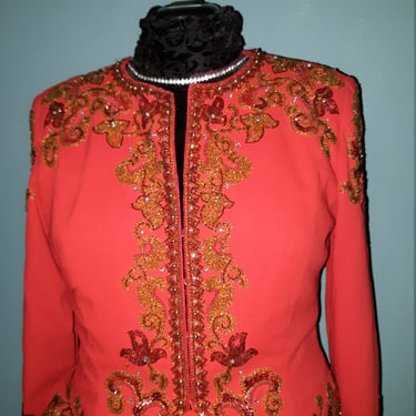 OLI CASSINI Red Beaded JACKET/ Holiday Apparel/Vintage 70’s  Jacket/ Plus size outerwear/New Years Eve jacket/Beaded Bolero Jacket 