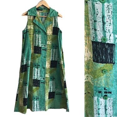 Modernist print sleeveless swing dress -  size large - 1980s vintage 