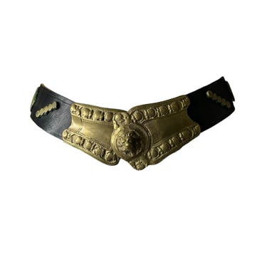 Vintage Brass Lion Wide Black Leather Belt, Masallah, 31 
