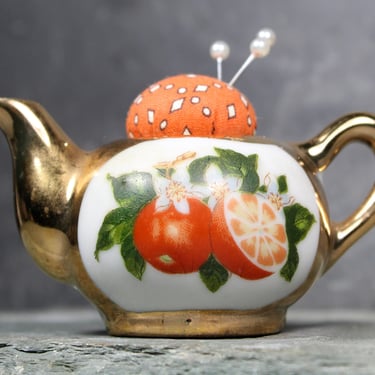 Vintage Miniature Ceramic Tea Pot Upcycled Pin Cushion | Vintage Orange Blossom Tea Pot Pin Cushion | Handmade  | FREE SHIPPING 