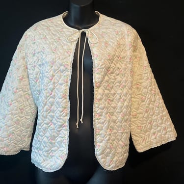 vintage bed jacket pink rose floral quilted short robe barbizon medium large 