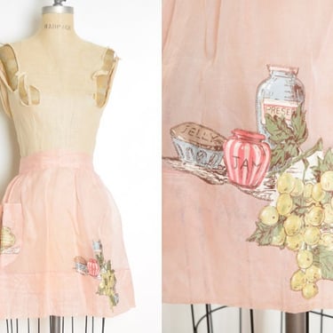 vintage 50s apron sheer pink applique kitchen print fruit organza tie back 